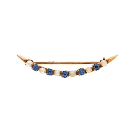 Estate 14K Yellow Gold Pearl and Blue Sapphire Brooch