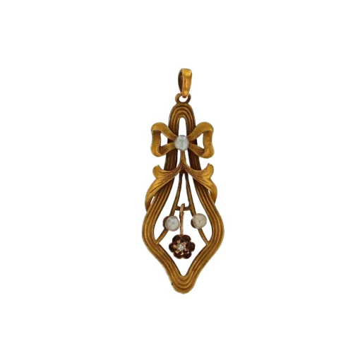 Estate 14K Yellow Gold Pearl and Diamond Bow Pendant