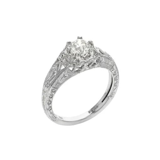 Estate Platinum Hand Engraved Diamond Engagement Ring