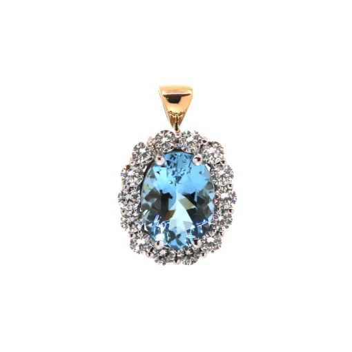 14K Two-Tone Oval Aquamarine and Diamond Halo Pendant