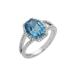 14K White Fancy Octagonal Blue Topaz and Diamond Ring