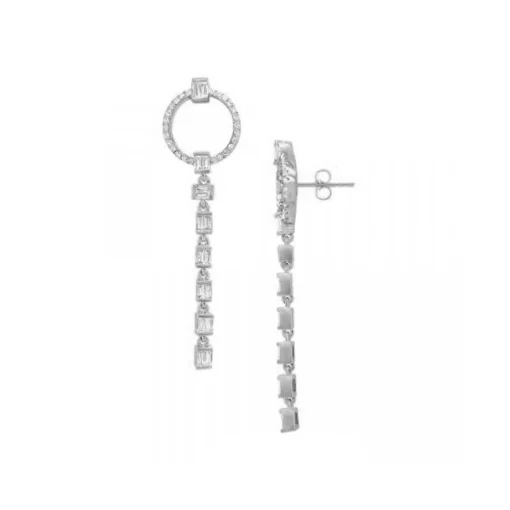 14K White Gold Baguette and Round Diamond Dangle Earrings