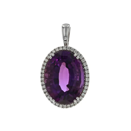 14K White Gold Oval Amethyst and Diamond Pendant