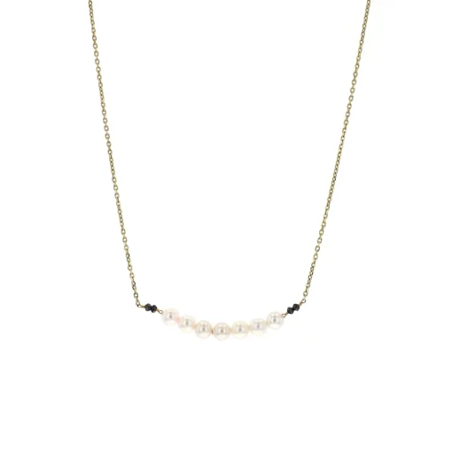 14K Yellow Gold White Akoya Pearl and Black Diamond Necklace