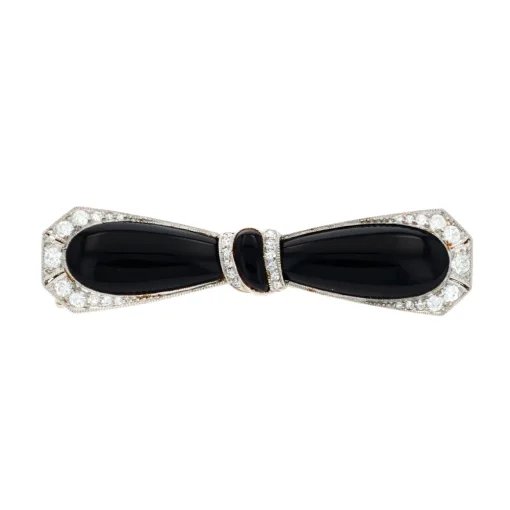 Platinum Art Deco Black Onyx & Diamond Bow Pin